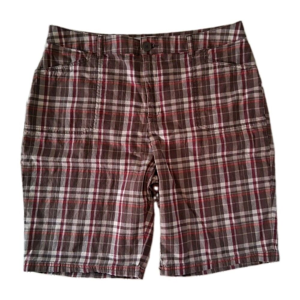 Bermuda Shorts Womens 12 Plaid Pink Brown Cotton Stretch Y2K Skater Modest 10"